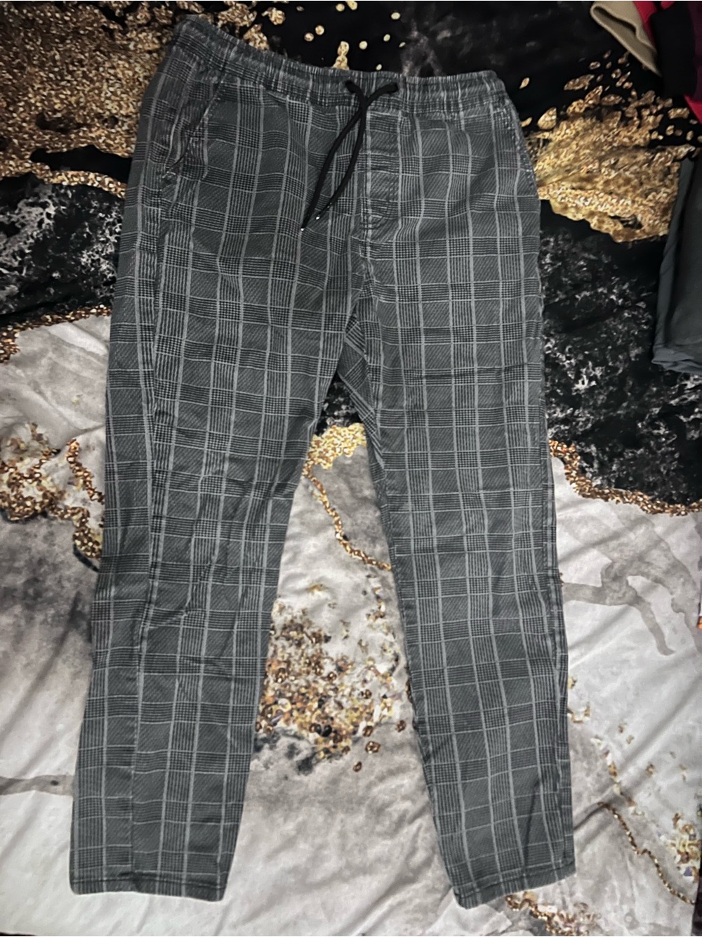 H&M Men's Black & Gray Windowpane Drawstring Chinos